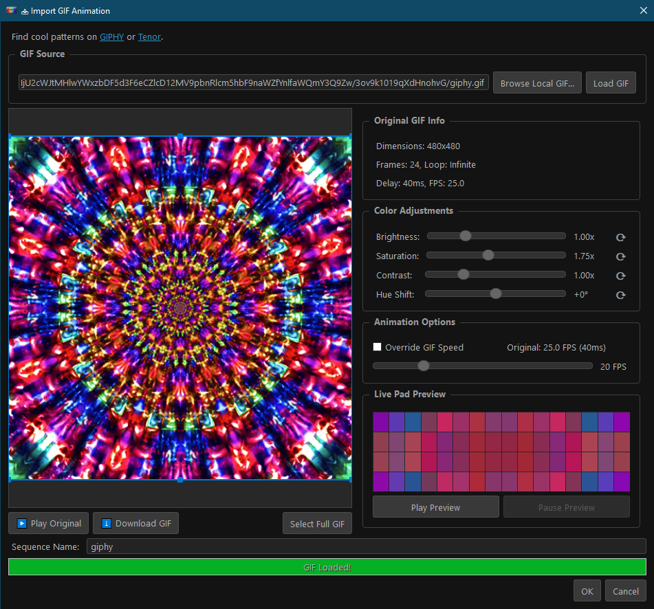 GIF Importer dialog showing advanced options